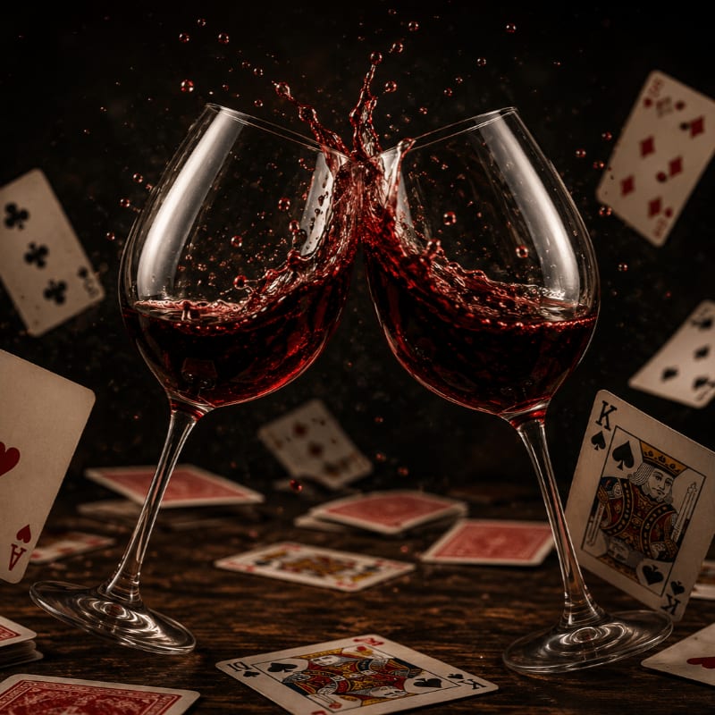 Two glasses of red wine splash as they clink together above a scattering of playing cards on a dark, wooden surface.