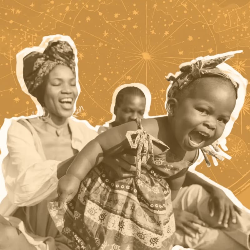 A joyful mother and child are in the foreground, with a blurred figure behind them, all set against a background of celestial star charts.
