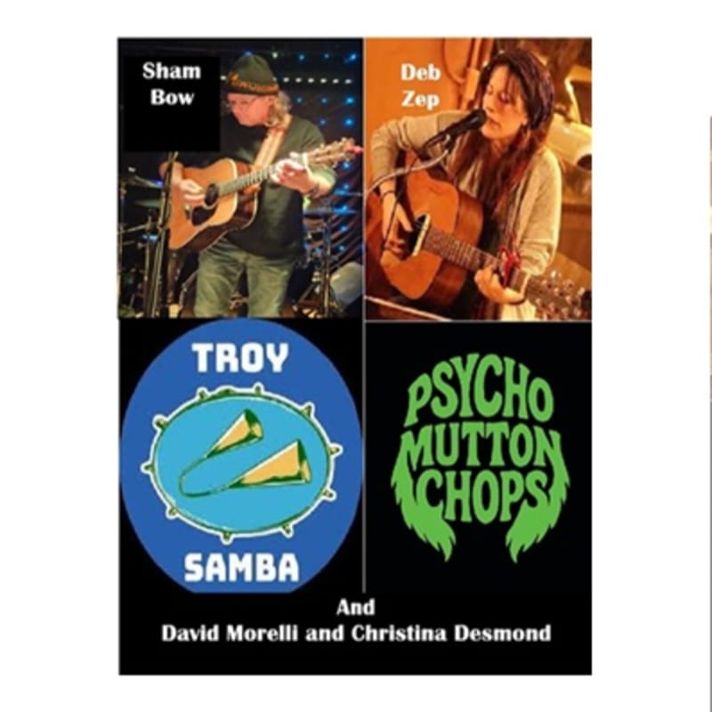 Two musicians are pictured playing guitars in the top half, while the bottom half displays logos for "Troy Samba" and "Psycho Mutton Chops," with additional names listed below.