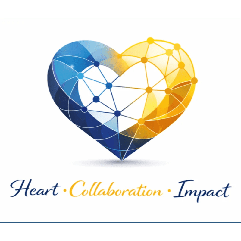 A stylized heart, half blue and half yellow with a network overlay, floats above the words "Heart Collaboration Impact" on a white background.