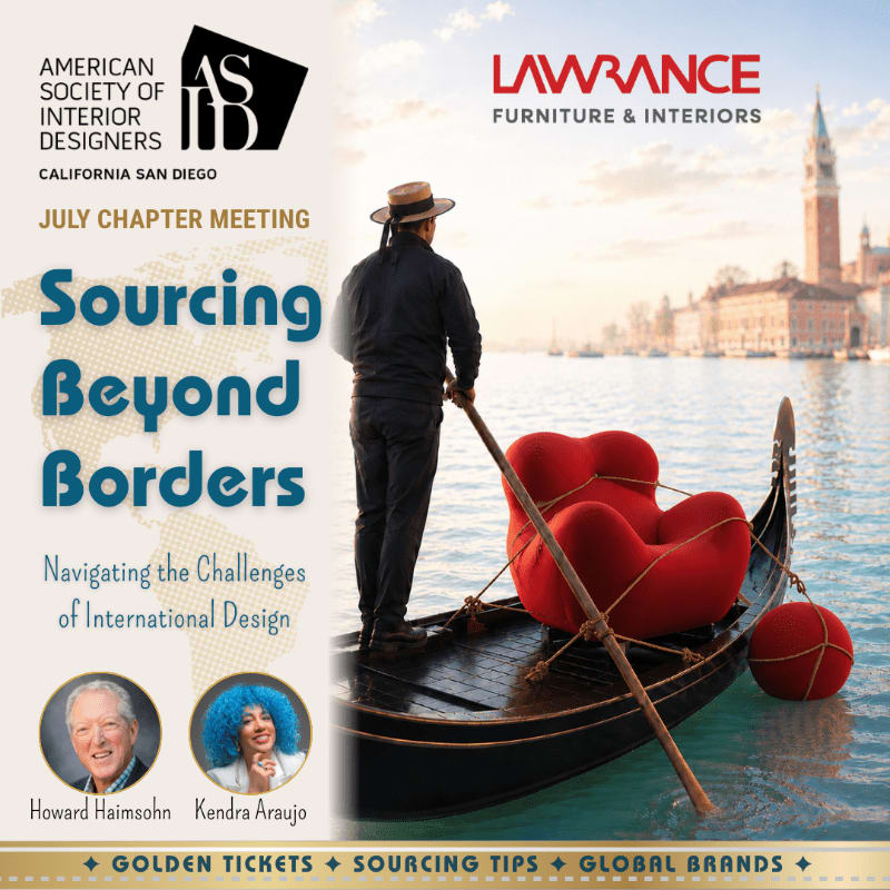 A gondolier in a black shirt and hat steers a gondola with a red chair in the foreground, while the background features a cityscape and event details for the American Society of Interior Designers.