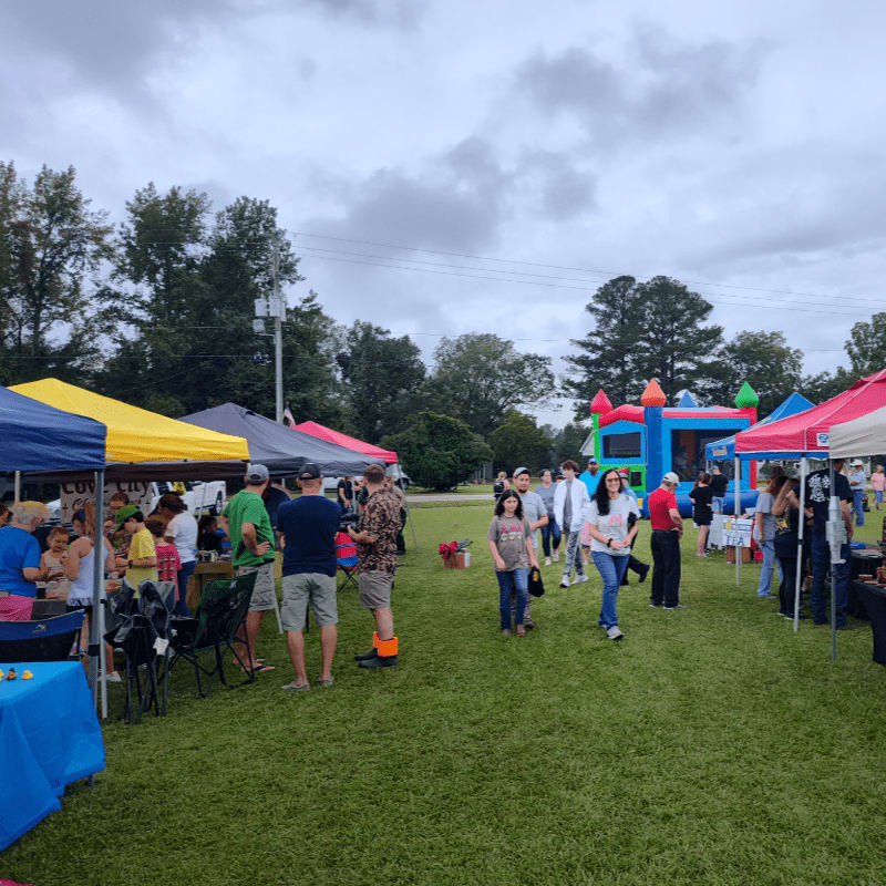 People mill about under colorful tents and a bouncy castle on a grassy field with trees in the background under a cloudy sky.
