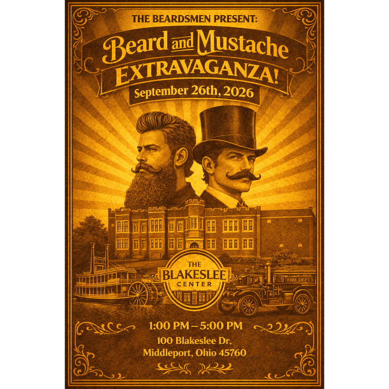 A vintage-style poster for a "Beard and Mustache Extravaganza" features two distinguished men with elaborate facial hair in the foreground, set against a backdrop of historical buildings and vehicles.