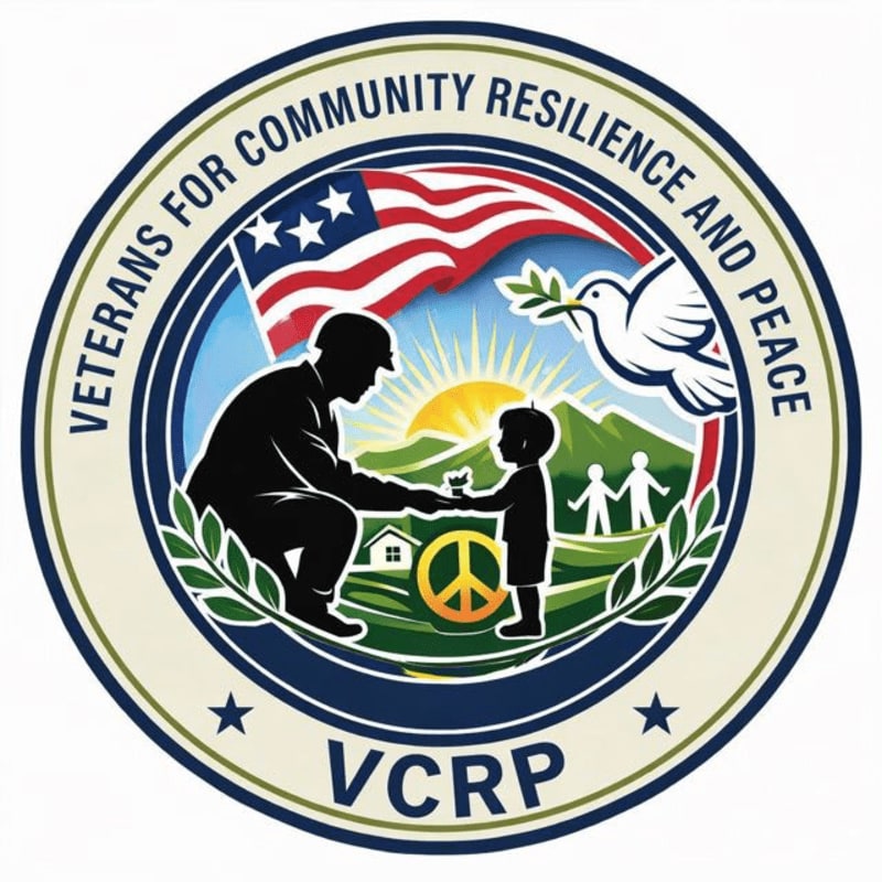 A silhouette of a soldier kneeling to give a peace sign to a child is in the foreground, with a dove carrying an olive branch and a flag in the background.