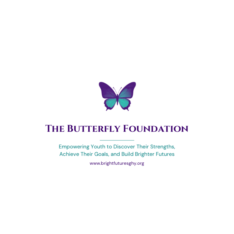 A purple and teal butterfly hovers above the text "THE BUTTERFLY FOUNDATION" and its mission statement on a white background.