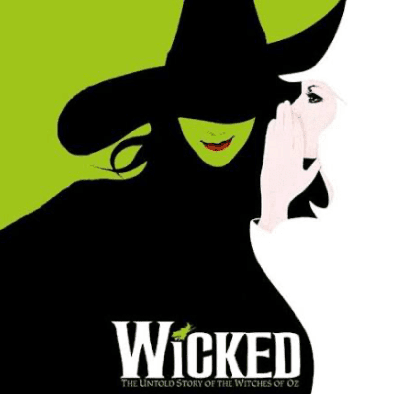 A stylized witch with a green face and black hat is in the foreground against a bright green and white background with the title "Wicked" at the bottom.