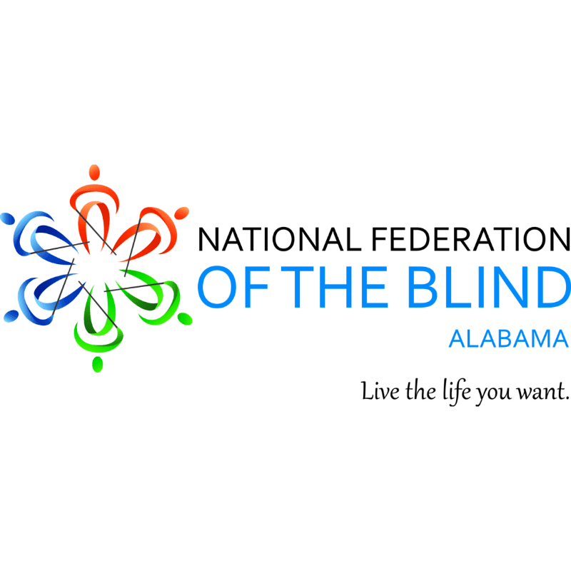 A colorful, abstract logo of interconnected figures forms the foreground, set against a white background with the text "NATIONAL FEDERATION OF THE BLIND ALABAMA Live the life you want."