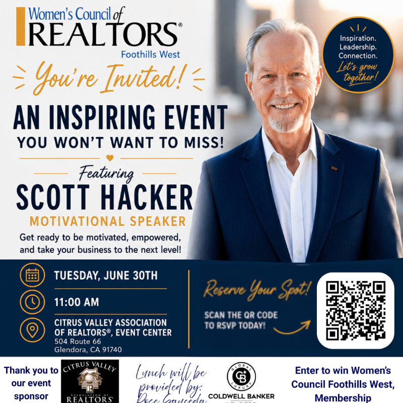 A motivational speaker is featured in an invitation for an inspiring event hosted by the Women's Council of REALTORS® Foothills West, with event details and sponsor logos in the background.