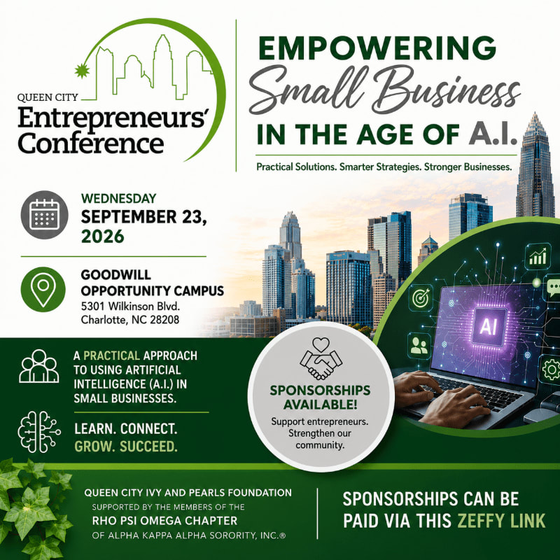 In the foreground, a laptop displays "AI" with icons representing business growth, while the background features a city skyline and text promoting the Queen City Entrepreneurs' Conference.