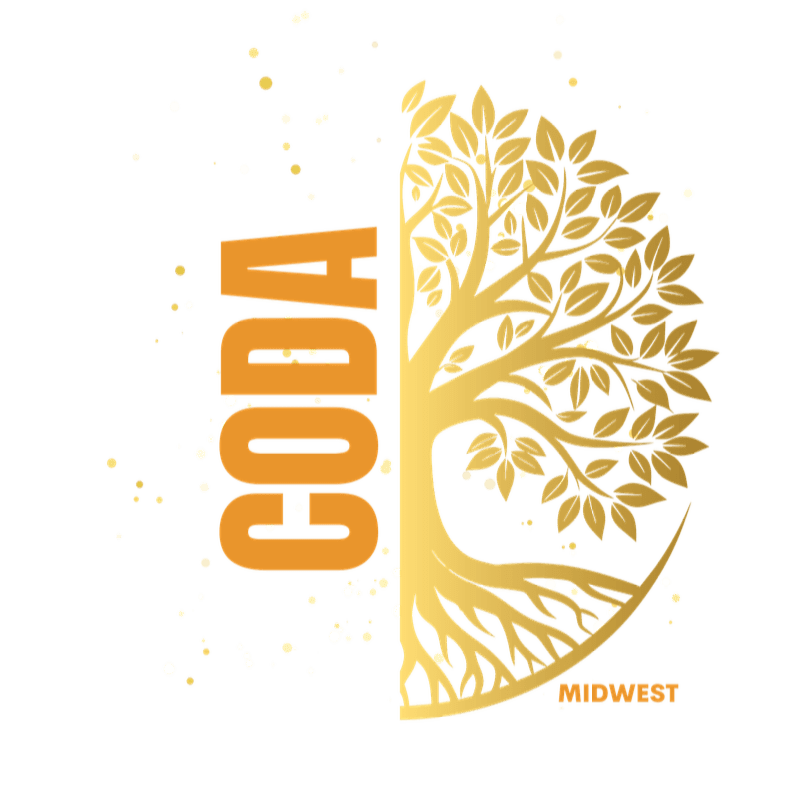 A golden tree with roots and leaves is on the right, with the word "CODA" in orange text and "MIDWEST" in smaller orange text on the bottom right, set against a white background with scattered golden dots.