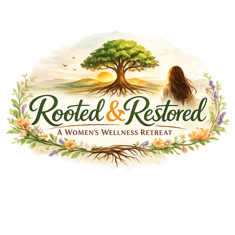A vibrant floral border frames the text "Rooted & Restored: A Women's Wellness Retreat" with a serene landscape of a tree, a woman, and rolling hills in the background.