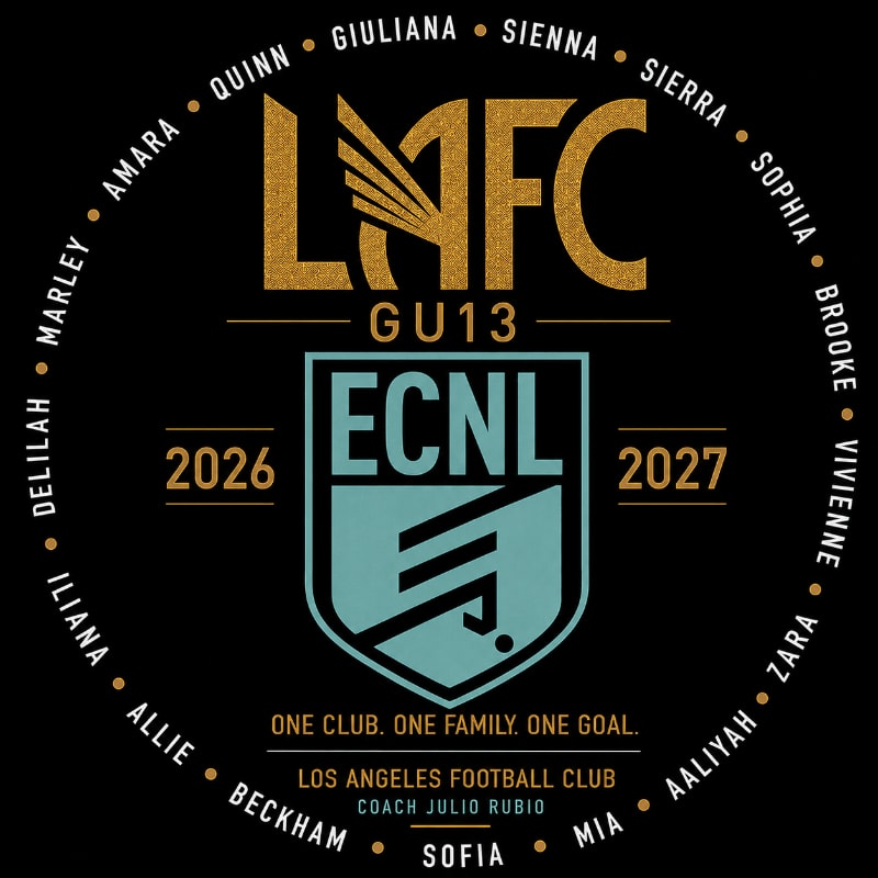 A circular arrangement of names surrounds a crest with "LAFC GU13 ECNL" and years 2026-2027 in the foreground, set against a black background.