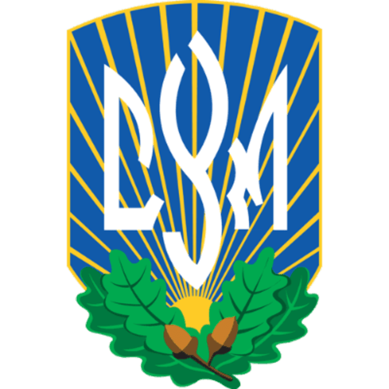 A white emblem with stylized letters and acorns in the foreground is set against a blue background with yellow sun rays.