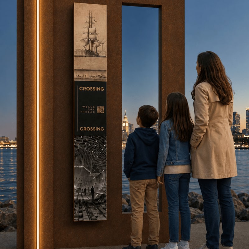A mother and two children stand before a tall, weathered metal structure displaying historical images and text, with a city skyline visible across the water in the twilight background.