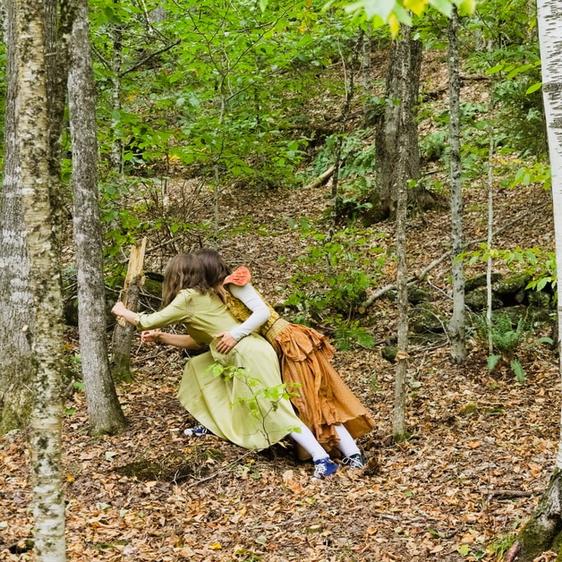 Two figures in vintage clothing embrace in a forest clearing, with fallen leaves on the ground and lush green trees in the background.