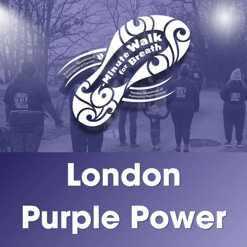 A group of people walk in a park with a large footprint logo overlayed, promoting the "Minute Walk for Breath" event in London.