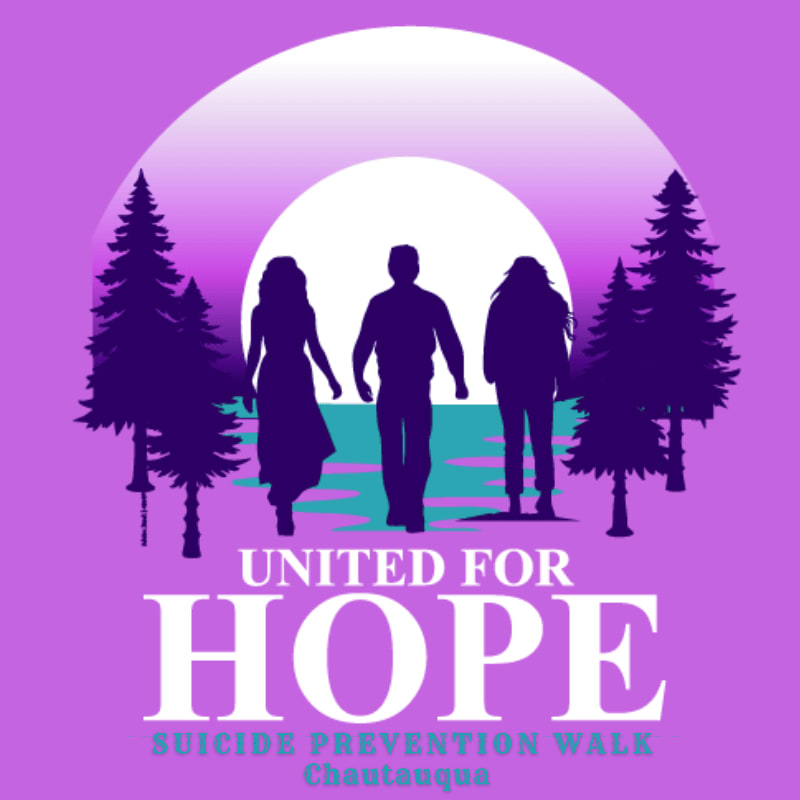 Silhouetted figures walk towards a glowing moon between pine trees, with "UNITED FOR HOPE SUICIDE PREVENTION WALK Chautauqua" text below.