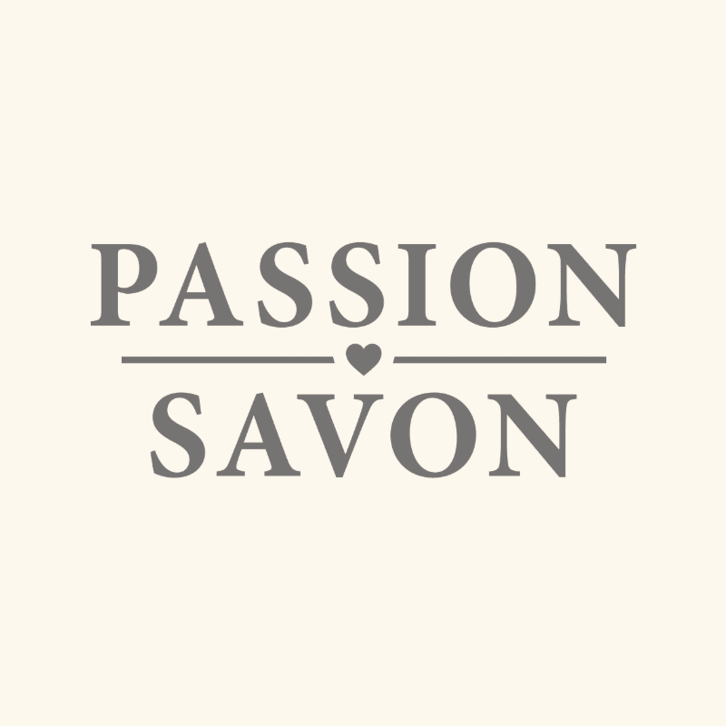 Gray text reading "PASSION SAVON" with a heart above the "V" is centered on a pale cream background.