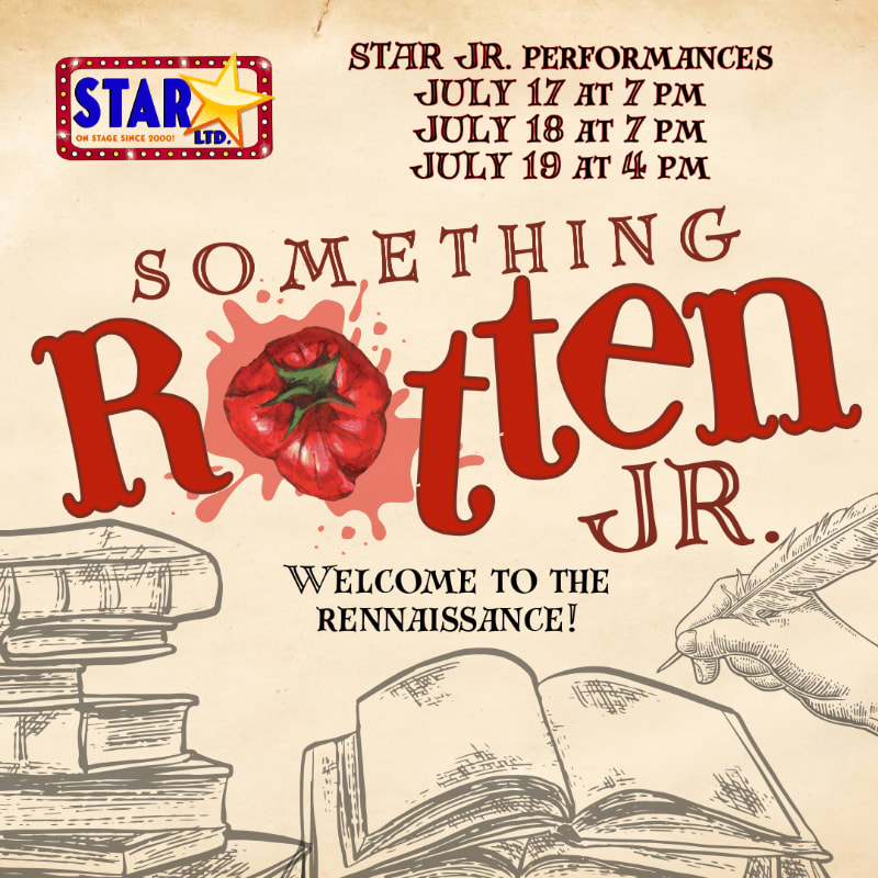 A stack of old books and a quill pen writing on parchment are in the foreground, while the background features a faded poster for "Something Rotten Jr." performances.