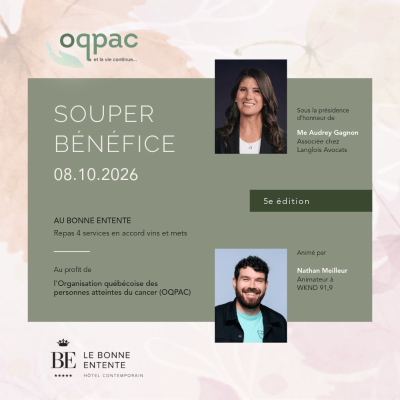 A green banner with event details for a benefit dinner is overlaid on a soft-focus background of autumn leaves, featuring photos of two individuals.