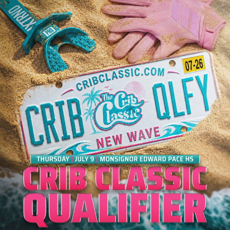A license plate with "CRIB CLASSIC QUALIFIER" and "NEW WAVE" is nestled in sand, with a mouthguard and pink gloves in the foreground and a blurred background suggesting a beach or water.