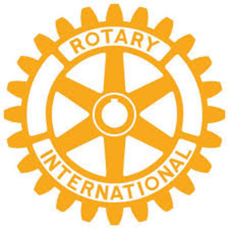 A bright orange Rotary International logo with its gear-like outer edge and spokes is set against a plain white background.