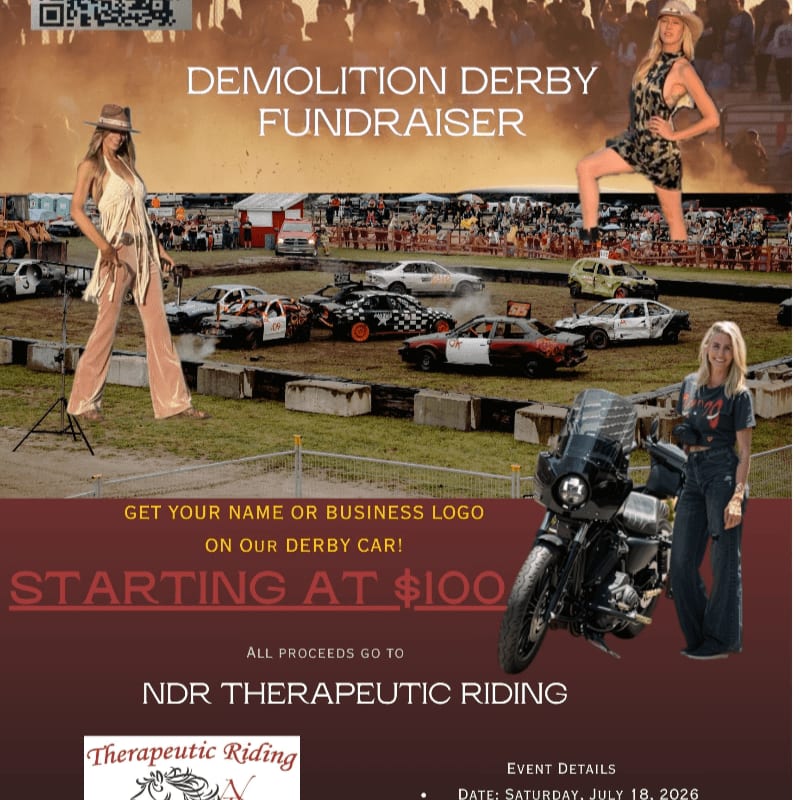 A demolition derby fundraiser is advertised with women in western wear and a motorcycle in the foreground, set against a backdrop of wrecked cars and a cheering crowd.