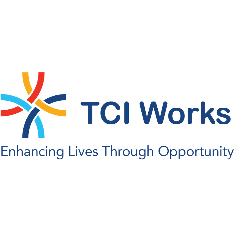 A colorful abstract logo with the text "TCI Works" and the tagline "Enhancing Lives Through Opportunity" is presented on a white background.