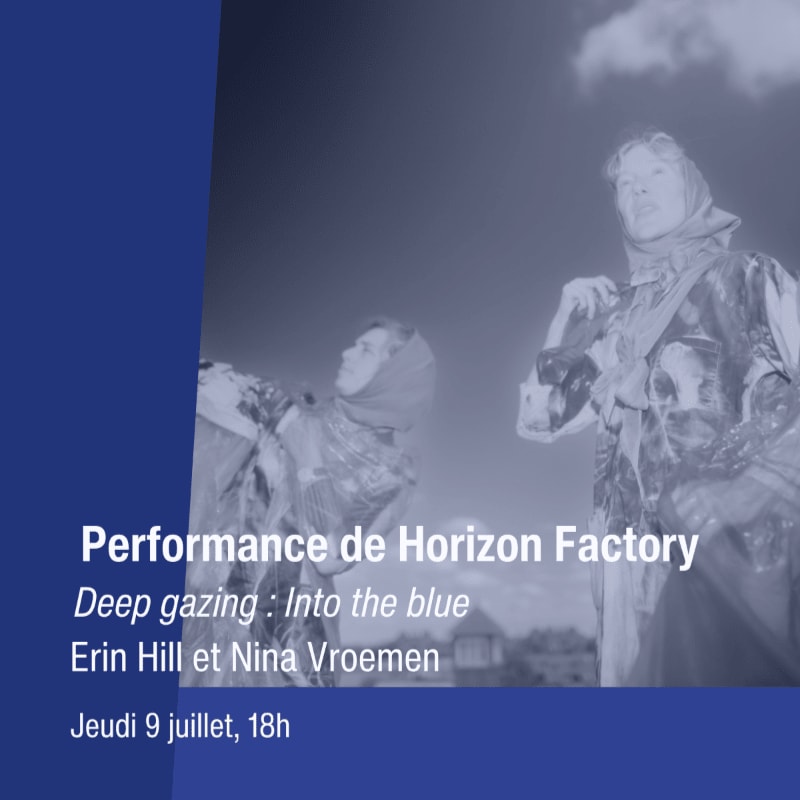 Two figures in raincoats look upwards against a cloudy sky, with event details for a performance by Horizon Factory on the left.