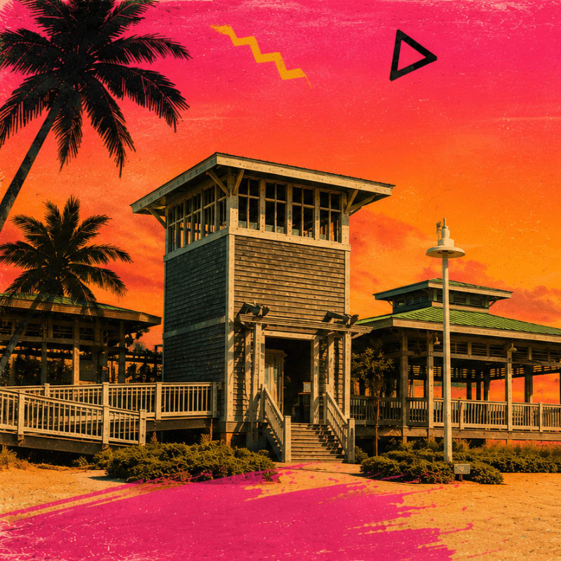 A beachside structure with a tower and gazebos stands against a vibrant sunset sky with palm trees in the foreground.