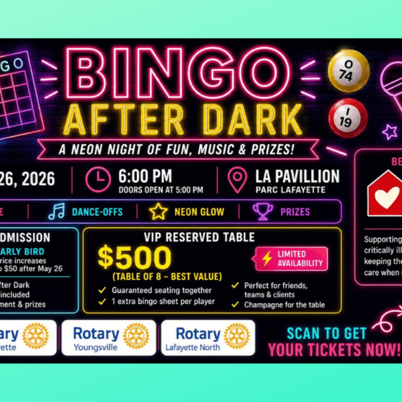 Neon lights illuminate a bingo card and balls in the foreground, while event details for "Bingo After Dark" are displayed in the background.