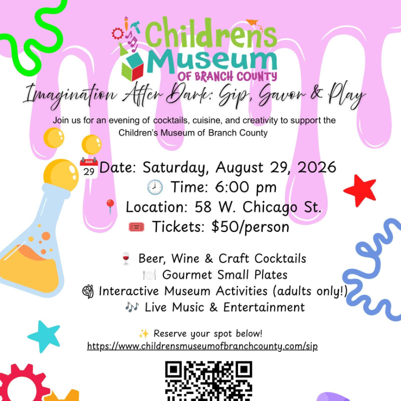 A colorful invitation for "Imagination After Dark" at the Children's Museum of Branch County features a beaker and gears in the foreground against a pink, drippy background with event details.