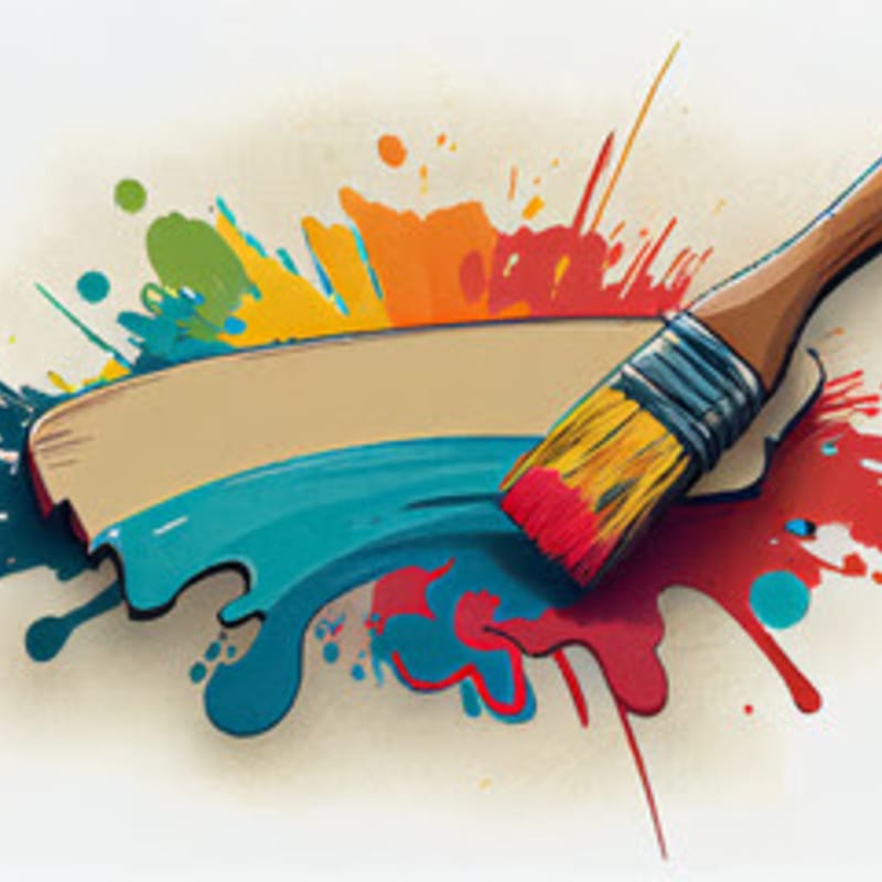 A paintbrush with red bristles is creating a colorful splash of paint across a light background.