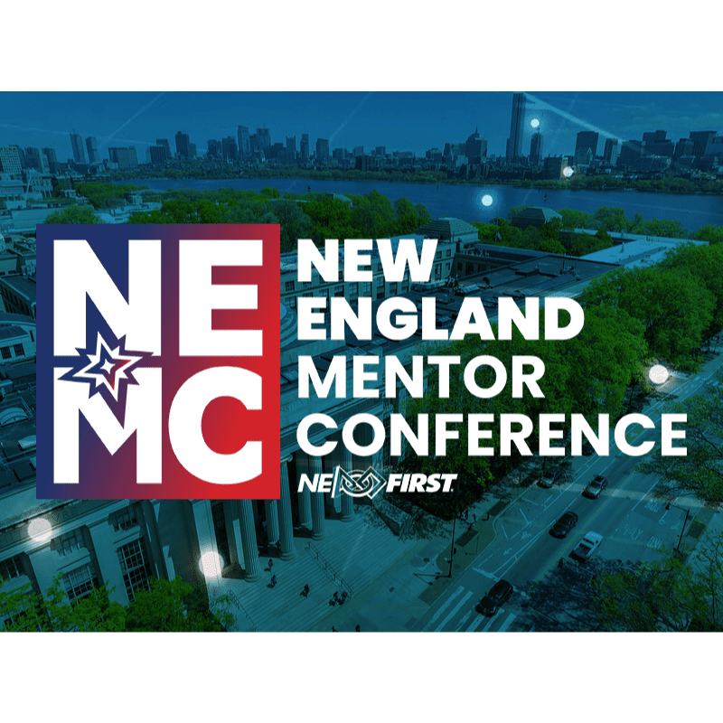A large logo for the "New England Mentor Conference" is superimposed over an aerial view of a city skyline and a building with columns.