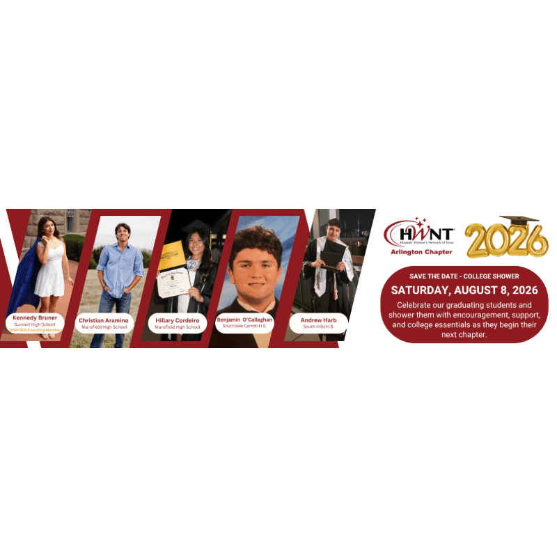 A collage of five graduating students is featured in the foreground, with event details for a college shower in the background.