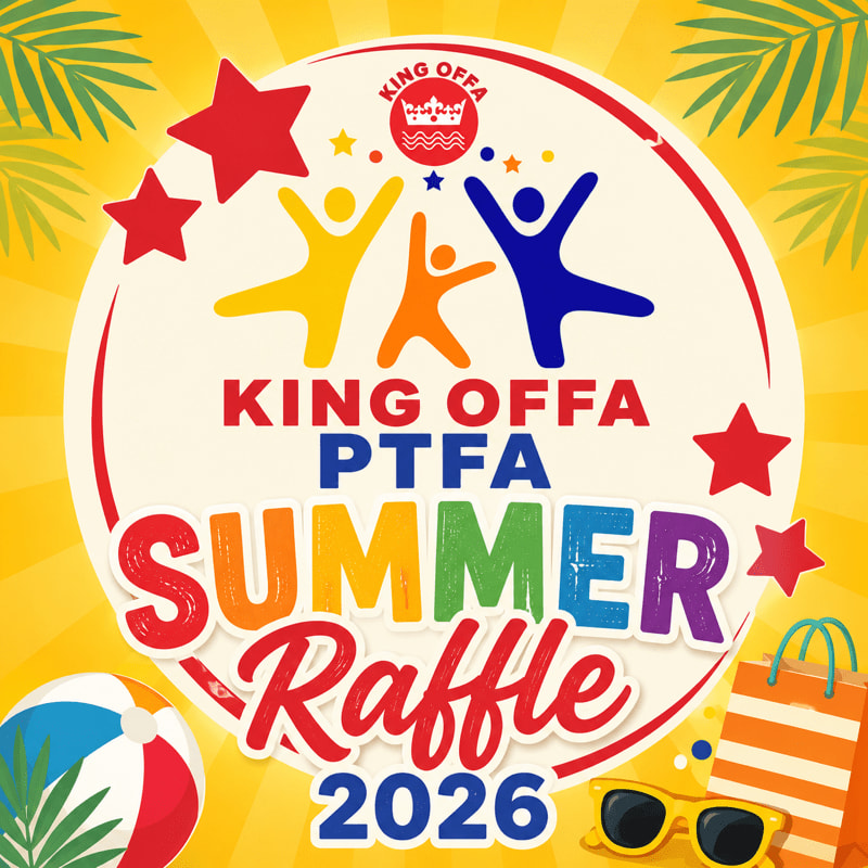 A colorful beach ball and sunglasses are in the foreground, while a vibrant circular graphic with the text "KING OFFA PTFA SUMMER RAFFLE 2026" and stylized figures is in the background, framed by palm leaves and stars.