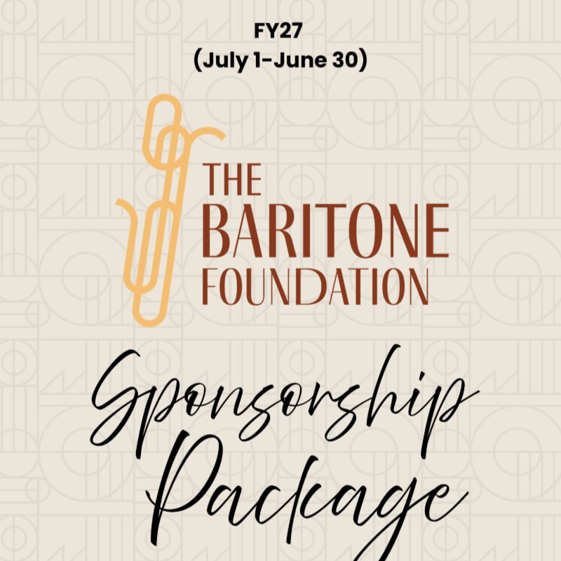 A beige background with a geometric pattern frames the text "FY27 (July 1-June 30)" above "THE BARITONE FOUNDATION" logo and the words "Sponsorship Package" in a flowing script.