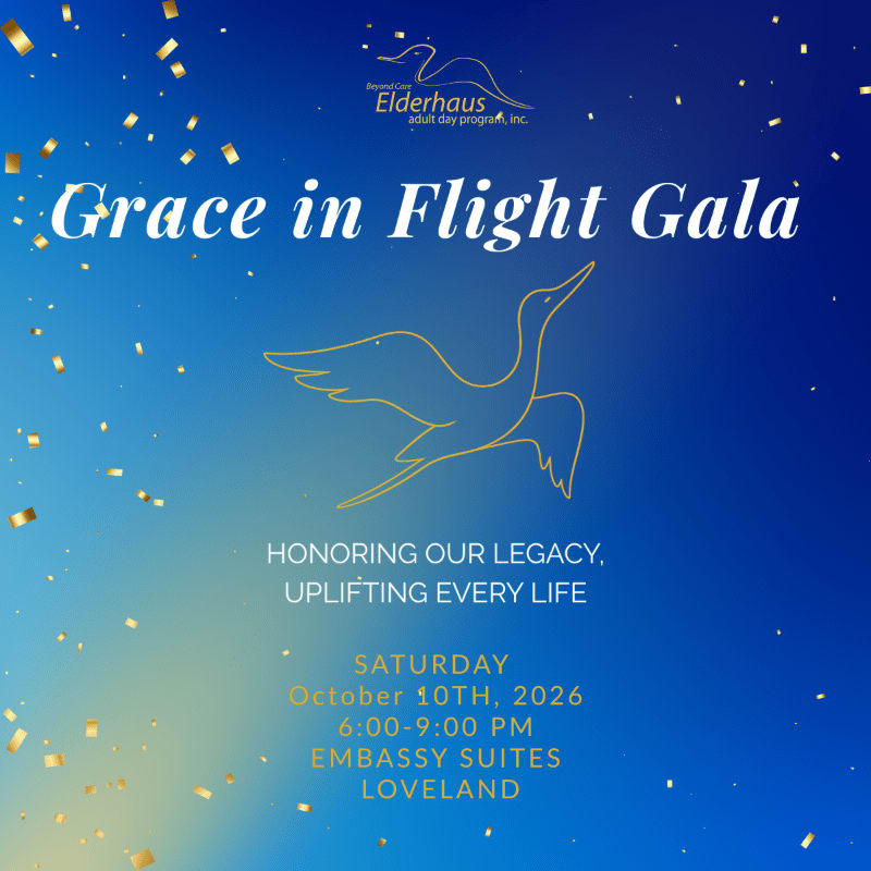 Golden confetti sprinkles across a gradient blue background featuring a stylized crane and event details for the "Grace in Flight Gala."