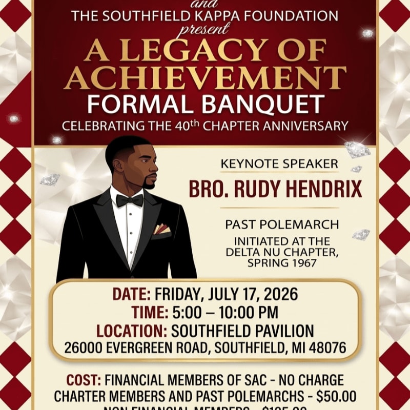 A formal banquet invitation for "A Legacy of Achievement" features a man in a tuxedo in the foreground against a background of red and gold diamond patterns and text announcing the event details.