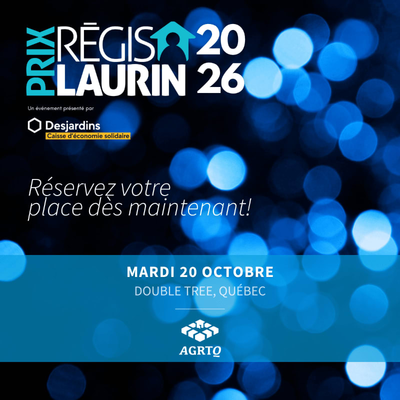 A dark background with blurred blue bokeh lights frames text announcing the "Prix Régis Laurin 2026" event, with details about reserving a spot on Tuesday, October 20th at Double Tree, Quebec, presented by Desjardins.