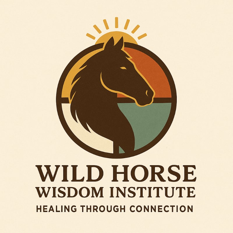 A dark horse's head is silhouetted within a circular emblem featuring warm colors and sun rays, set against a cream-colored background with the text "WILD HORSE WISDOM INSTITUTE HEALING THROUGH CONNECTION" below.