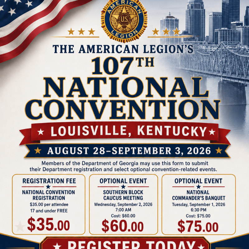 A patriotic poster advertises The American Legion's 107th National Convention in Louisville, Kentucky, with details on registration fees and optional events, set against a backdrop of the American flag and a city skyline.