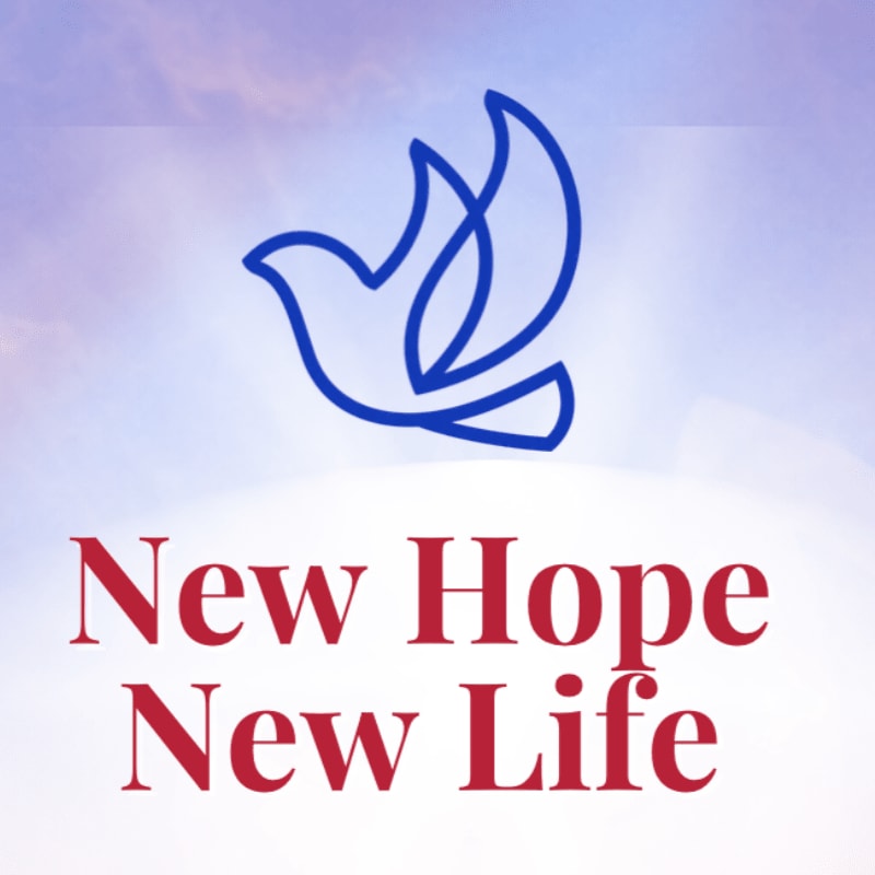 A blue outline of a dove hovers above the words "New Hope New Life" against a soft, cloudy sky.