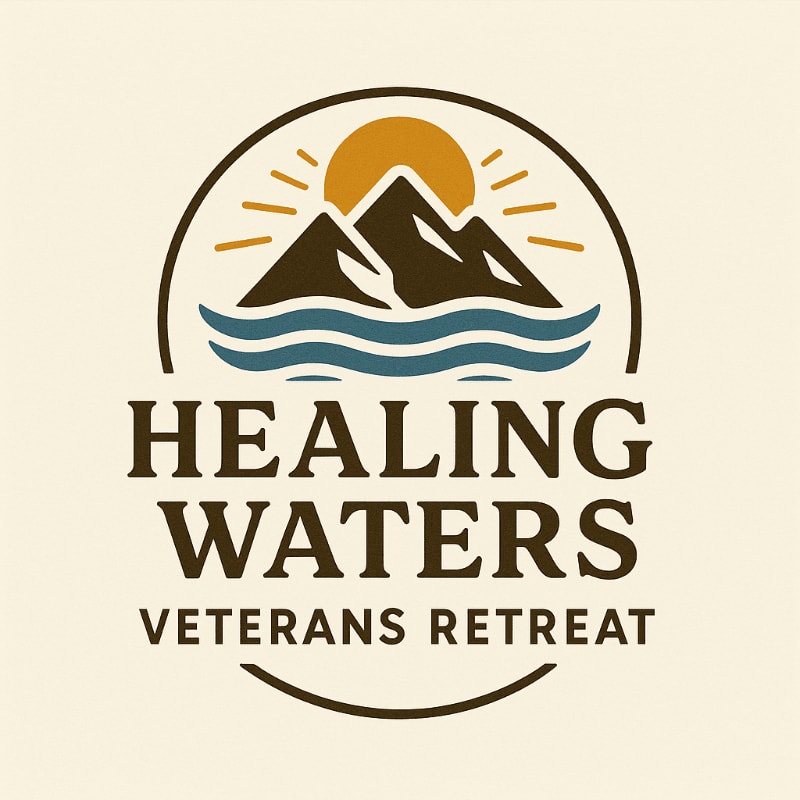 Mountains and a sun rise over water in the background, with the words "HEALING WATERS VETERANS RETREAT" in the foreground.