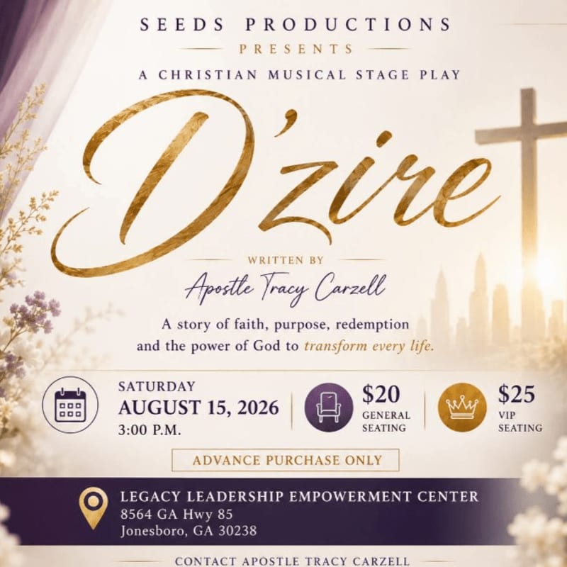 A golden script title "D'zire" is overlaid on a background of a large cross and city skyline, with floral elements in the foreground.