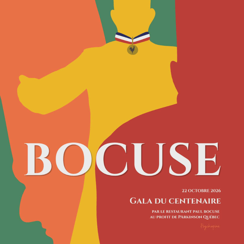 A stylized yellow figure wearing a medal stands against a background of overlapping abstract shapes in red, orange, and green, with the text "BOCUSE" prominently displayed.