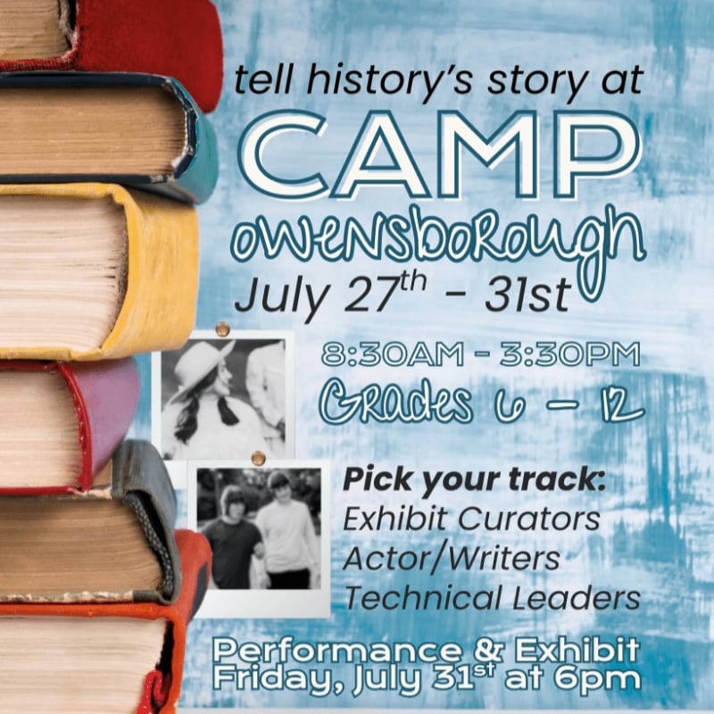 A stack of colorful books fills the left foreground, while the right side of the image features text advertising "Camp Owensborough" with event details and two black and white photos of people in the background.