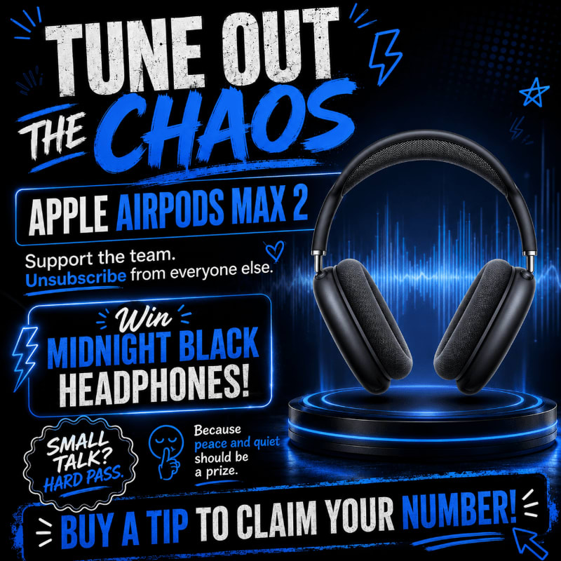 A pair of black Apple AirPods Max headphones rests on a glowing blue platform in the foreground, set against a dark background with the text "TUNE OUT THE CHAOS" and promotional details.