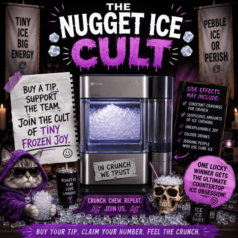 A Nugget ice maker sits prominently in the center, surrounded by a purple-clad cat, a skull cup, and banners promoting "The Nugget Ice Cult" with a dark, mystical background.