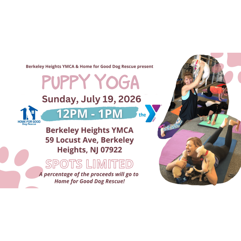 A flyer advertises "Puppy Yoga" with a photo of people doing yoga with puppies in the foreground and event details in the background.